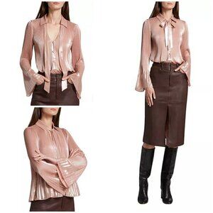 💕DEREK LAM 10 CROSBY💕 Ellery Metallic Plissé Tie-Neck Top ~ Pink Silver 16 NWT
